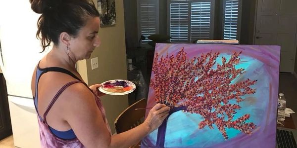 Debbie Hoyt Adding leaves to her tree. Acrylic on Canvas. Original inspired art. Home Decor Wall art