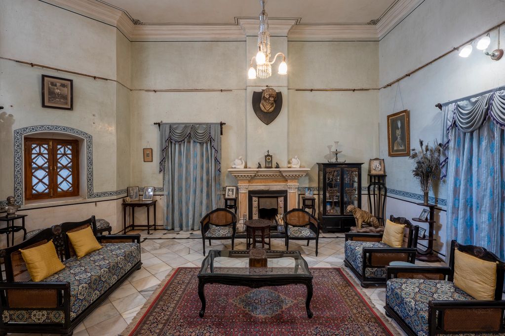 The Raja Sahib's Durbar drawing room, araish work of 100 years old preserved amongst many objects 