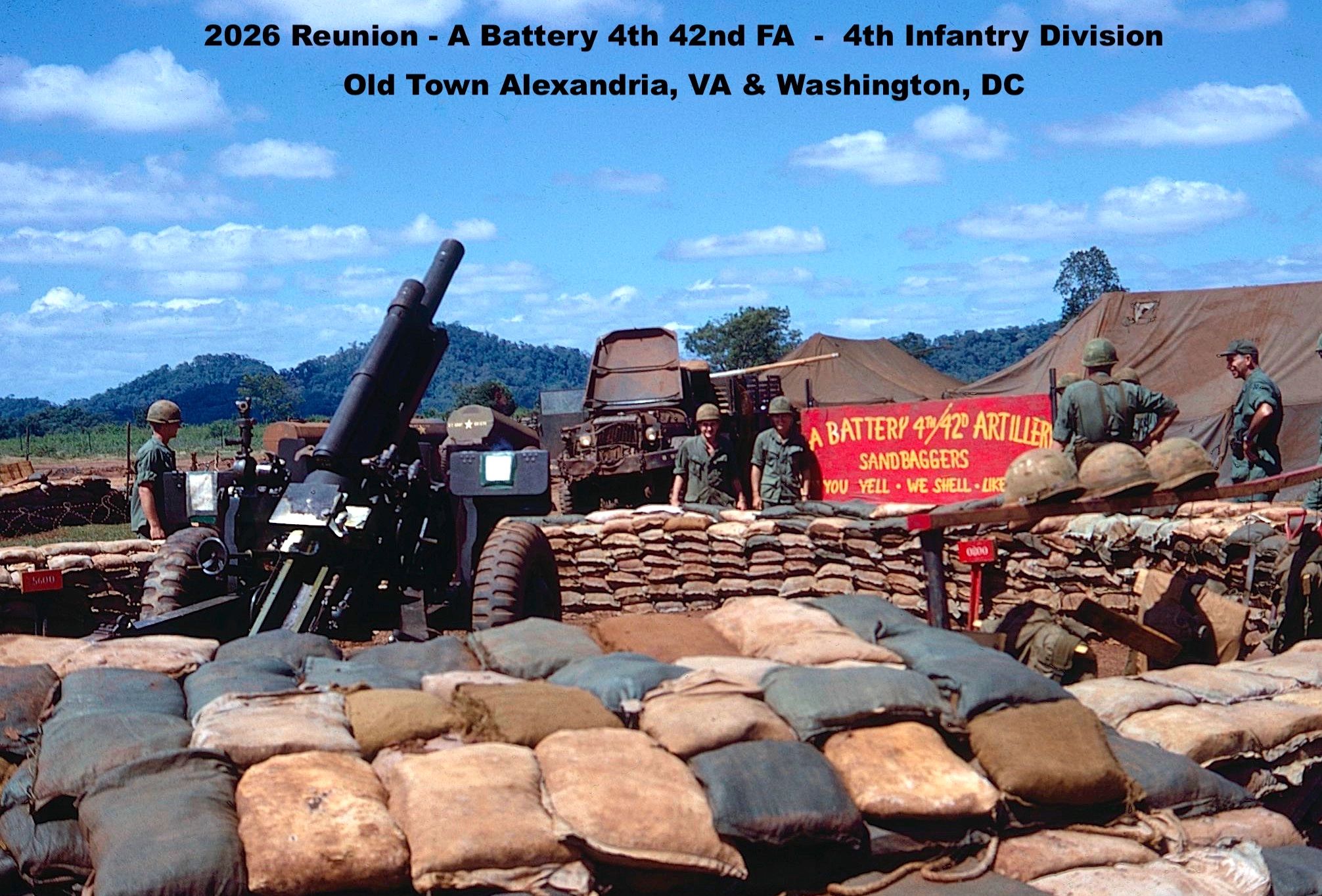 Military reunion announcement with soldiers, artillery, and sandbags in a field setting.