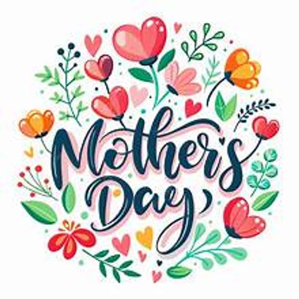 Colorful Mother's Day floral greeting with hearts and leaves.