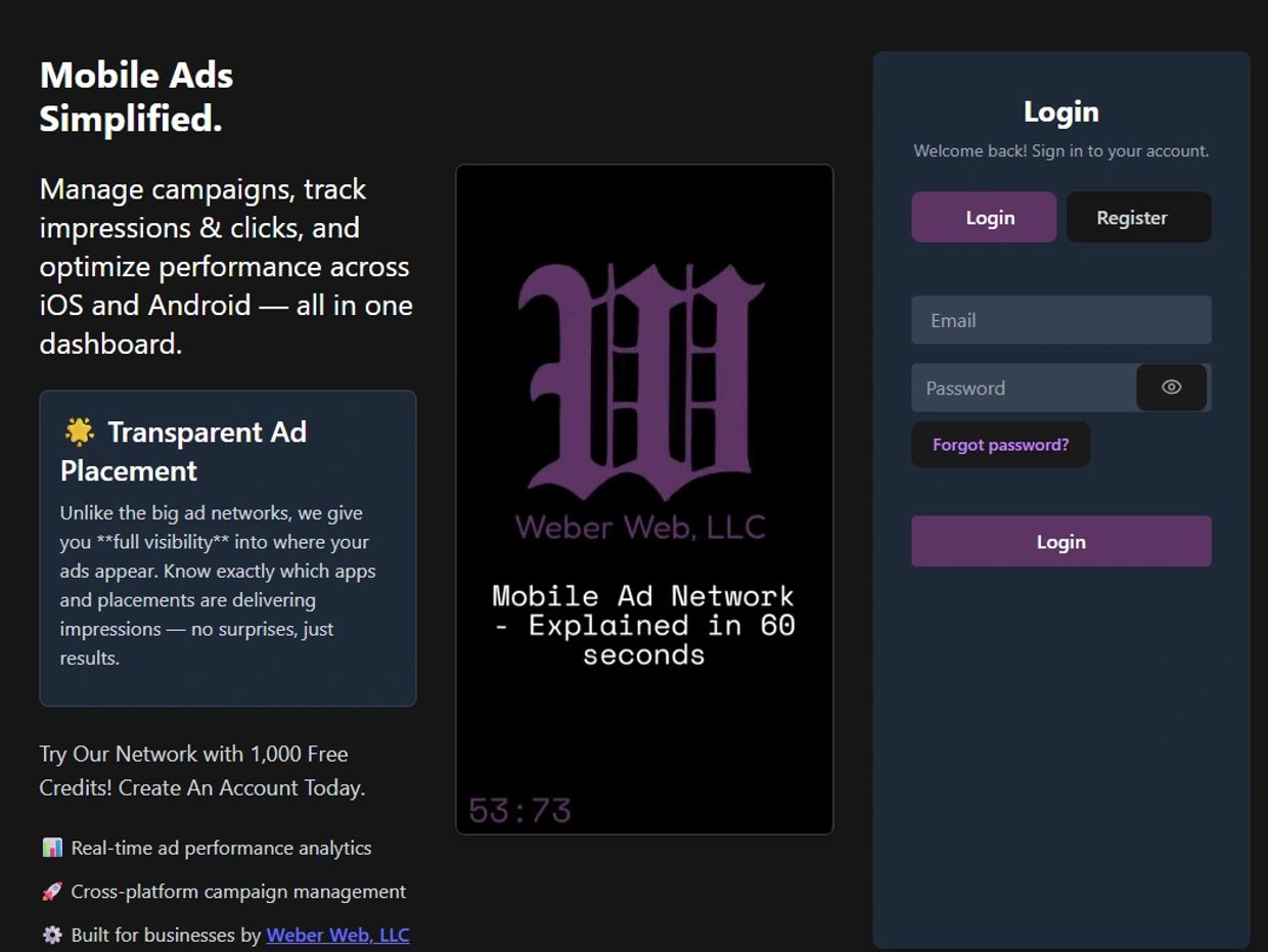 weber web mobile ad network landing page