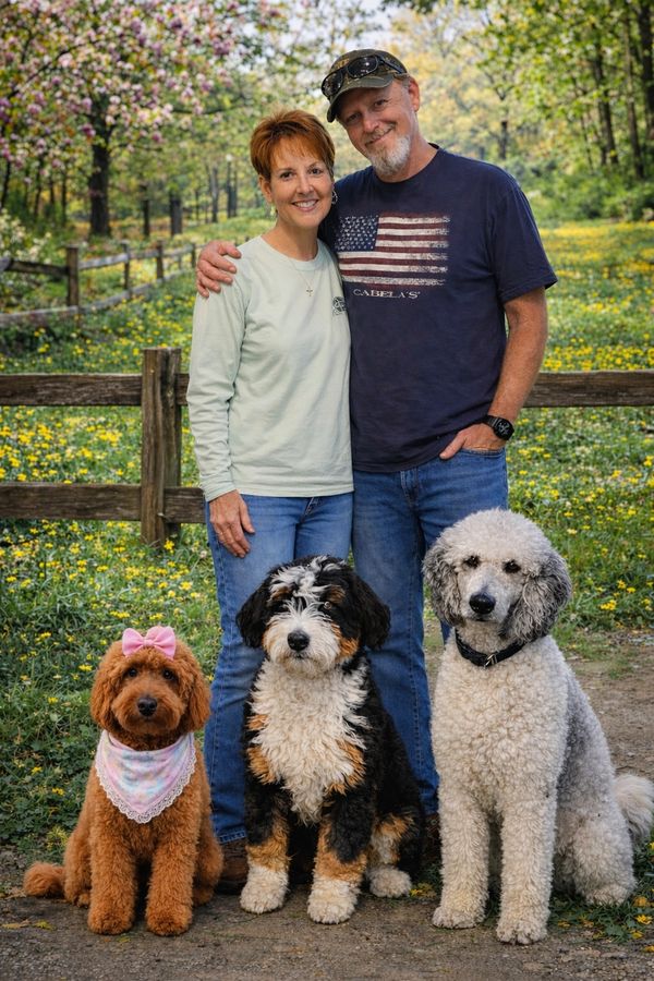 Couple posing outdoors with three dogs in a spring meadow.