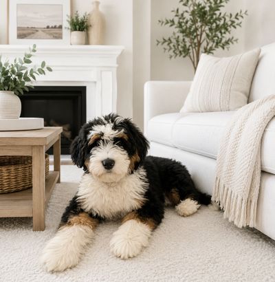 A fluffy tricolor dog lying on a carpet in a cozy living room.
