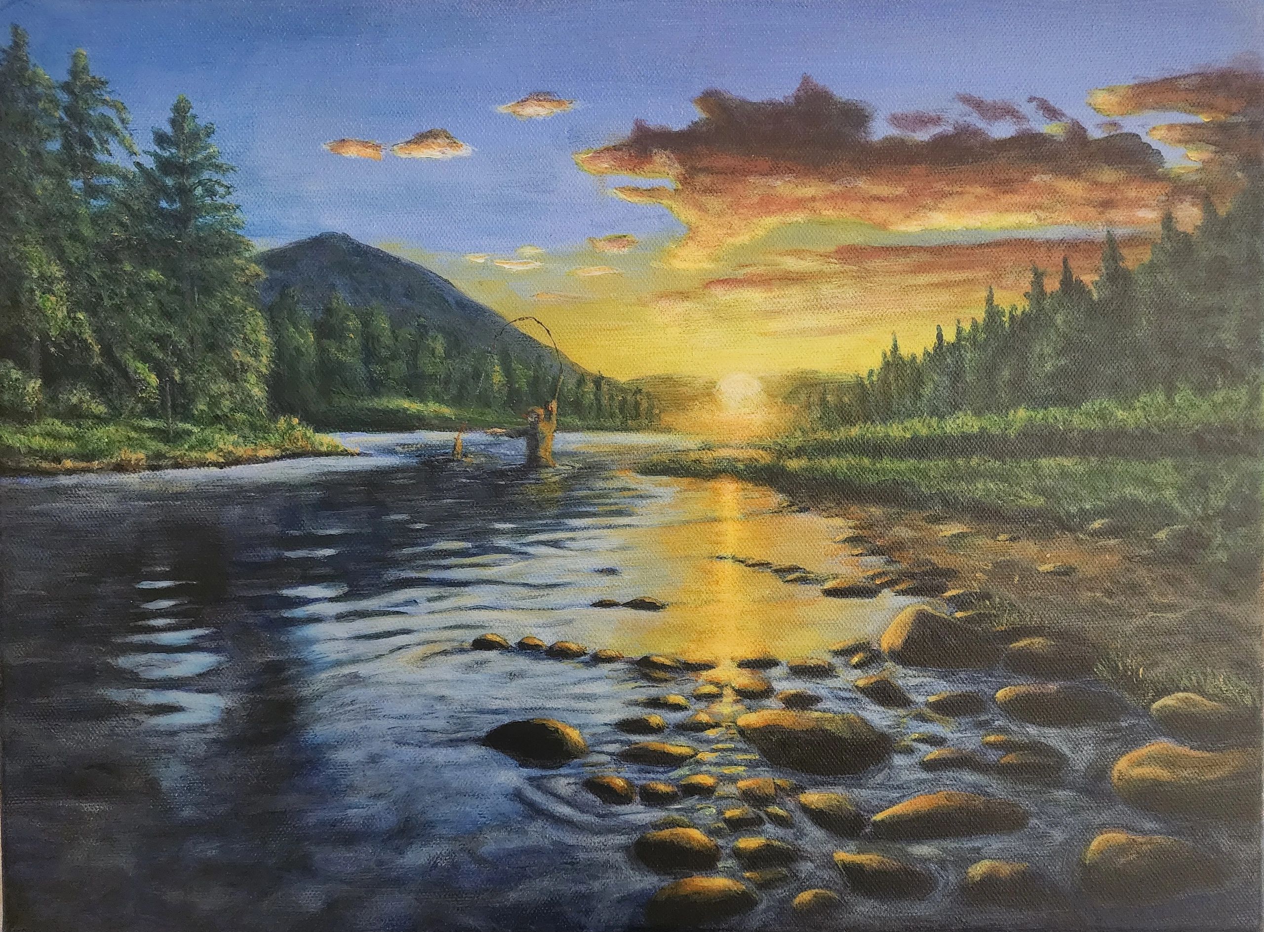 Man fishing at sunset over river