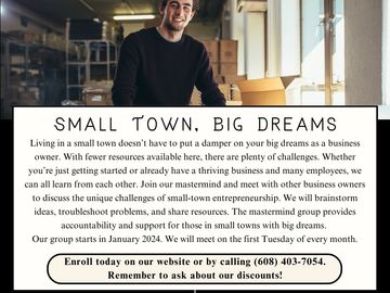 Join the small town, big dreams mastermind group to receive support, accountability, and help.