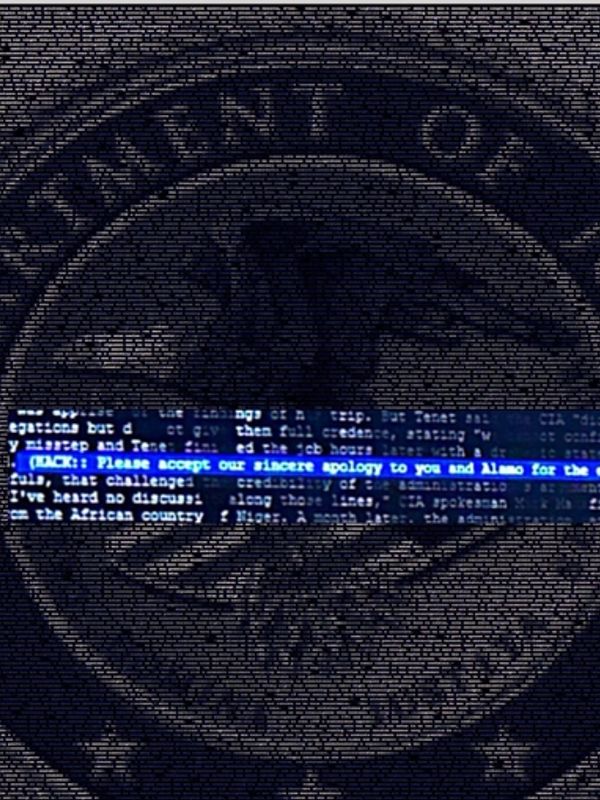 CIA emblem formed by dense lines of text with highlighted apology message.
