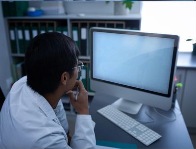 Man in lab coat looking at computer screen.