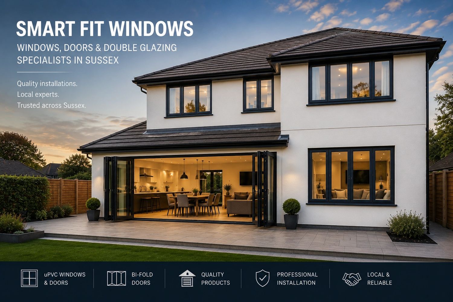 Modern house with double glazing windows and bi-fold door
