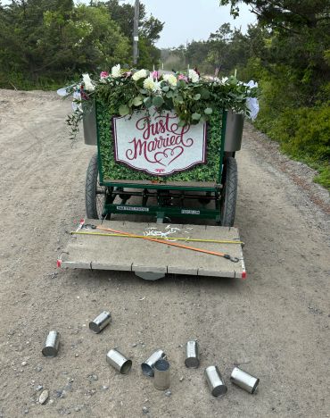 A decorated wagon with a "Just Married" sign and cans trailing behind on a dirt road.
