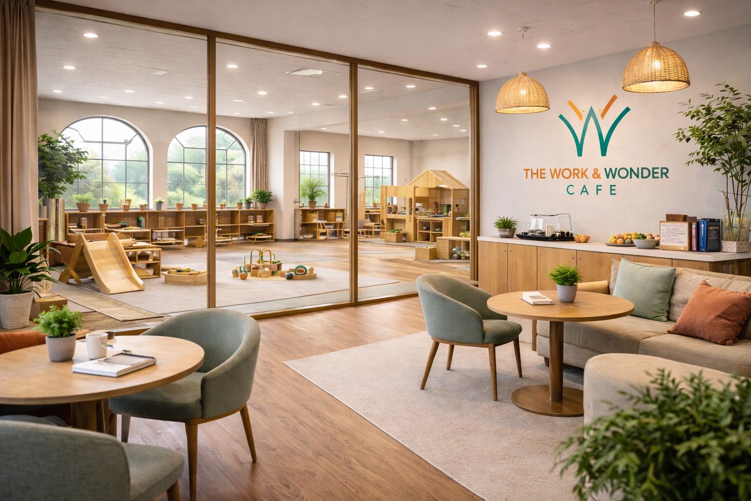 Cozy cafe with a play area separated by glass walls.