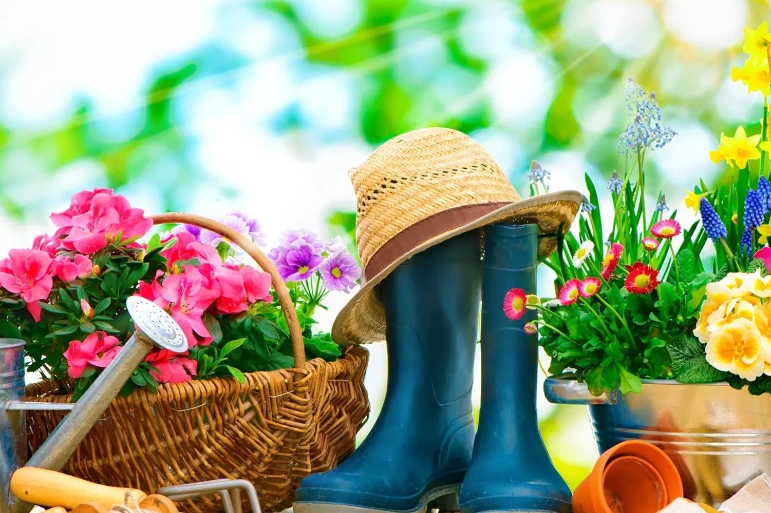 GROUP OF GARDEN TOOLS, POTS AND PLANTS