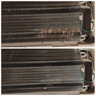 Before and after cleaning of a dirty air conditioner coil.