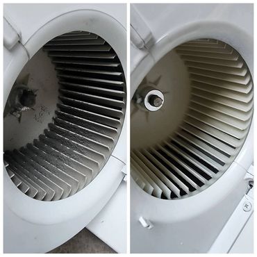 Before and after cleaning of a fan blade inside an appliance.