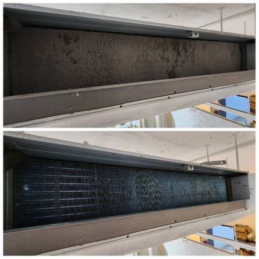 Before and after cleaning of a dirty air conditioner coil.