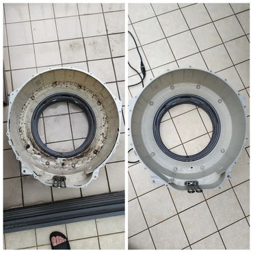 Before and after cleaning of a washing machine drum.