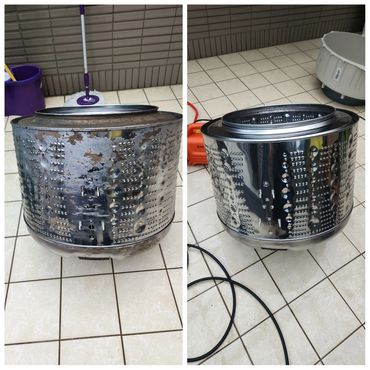 Side-by-side comparison of a rusty and a polished washing machine drum.