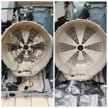 Side-by-side comparison of a dirty and cleaned industrial fan.