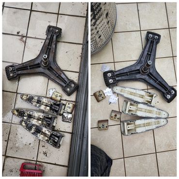 Before and after cleaning disassembled washing machine drum parts on tiled floor.