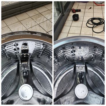 Before and after cleaning of a washing machine drum.