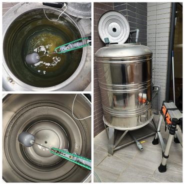 A stainless steel water storage tank with float valve inside and outside setup.