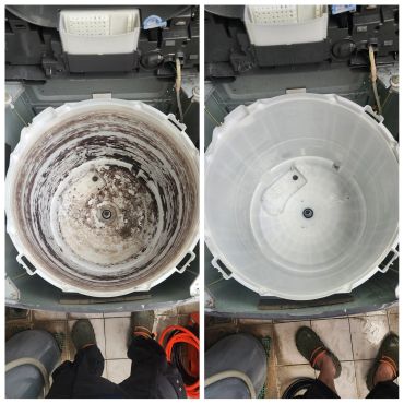 Side-by-side comparison of a heavily stained washing machine drum and the same drum thoroughly cleaned.