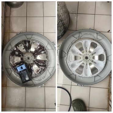 Side-by-side comparison of a dirty and clean washing machine drum.