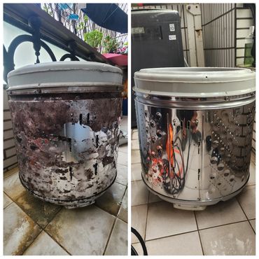 Side-by-side comparison of a heavily rusted and a fully restored washing machine tub.
