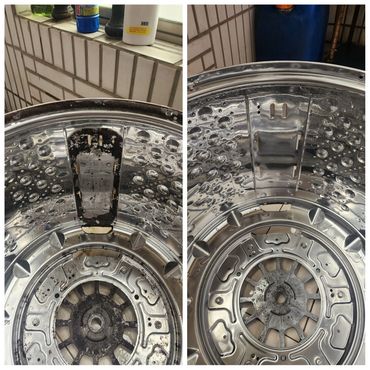 Before and after cleaning the inside of a washing machine drum.