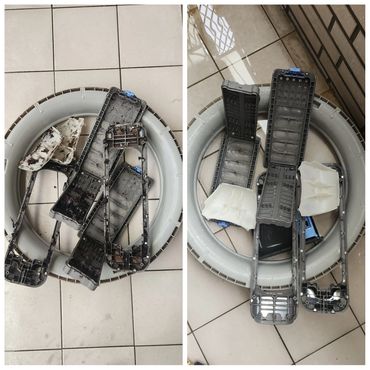 Two side-by-side images showing disassembled remote controls on a tiled floor.