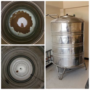 Inside views and exterior of a large stainless steel water tank.