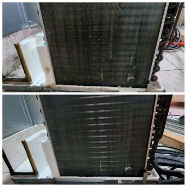 Comparison of a dirty and cleaned air conditioner coil.