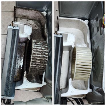 Side-by-side comparison of a dirty and cleaned air conditioner blower wheel.