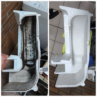 Side-by-side comparison of a dirty and cleaned white plastic part.