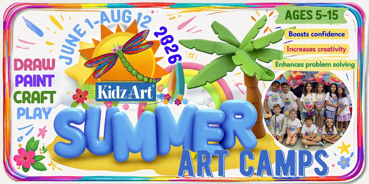 Colorful KidzArt summer art camps for kids ages 5-15, June 1-Aug 12, 2026.
