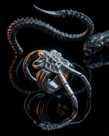 Metal facehugger model with reflective surface.