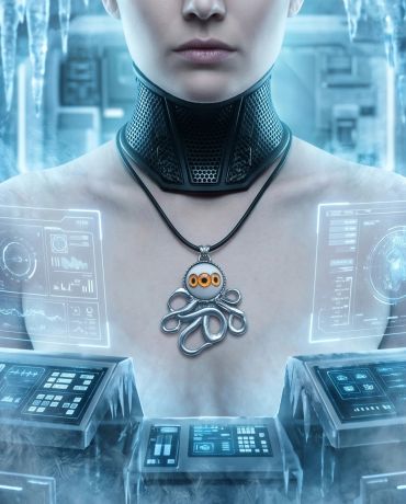 Futuristic woman with high-tech neck device and octopus pendant.