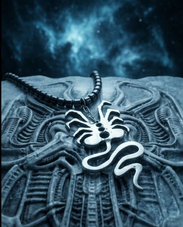 Metal spider pendant necklace on a textured surface with cosmic background.