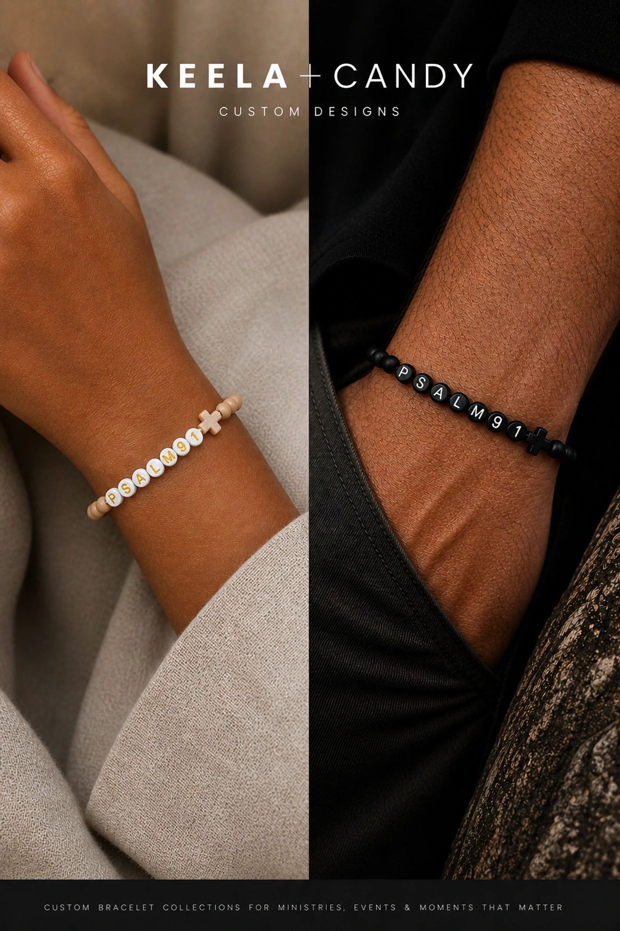 Two wrists wearing beaded bracelets with 'PSALM91' and cross charms.