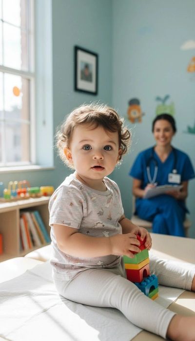 A toddler playing with building blocks in a pediatrician's office.