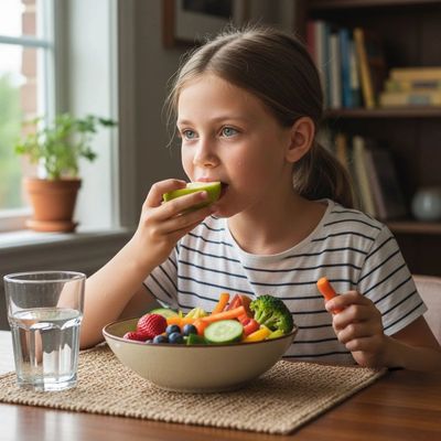 Young girl eating fresh vegetables and fruits at home.