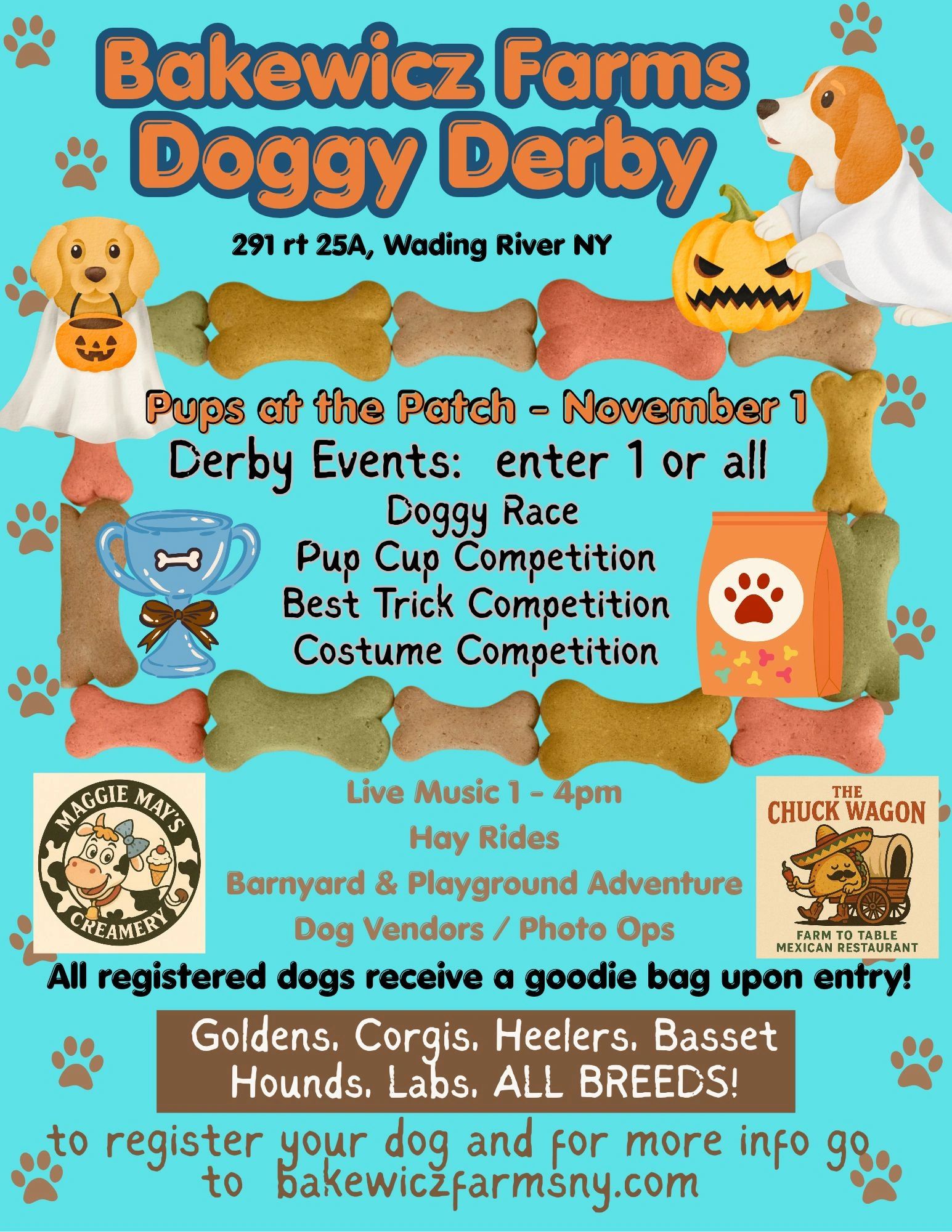 Bakewicz Farms Doggy Derby event flyer with Halloween theme and dog contests.
