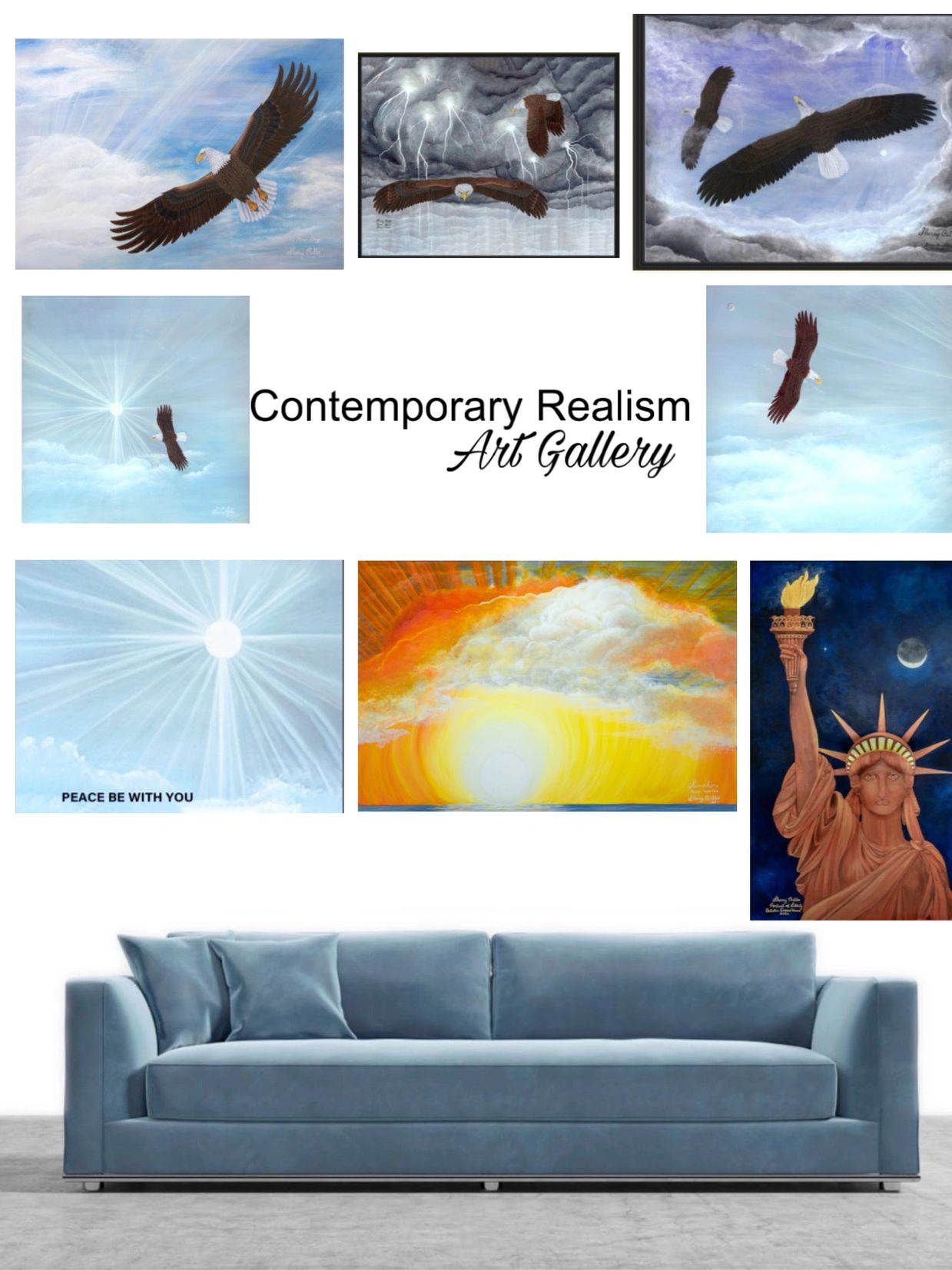 A gallery wall featuring eagle paintings and a Statue of Liberty artwork above a blue sofa.