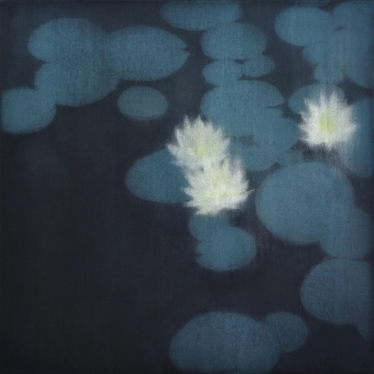 Square contemporary art Nihonga serene night scene water lily pond glowing flowers round leaves    