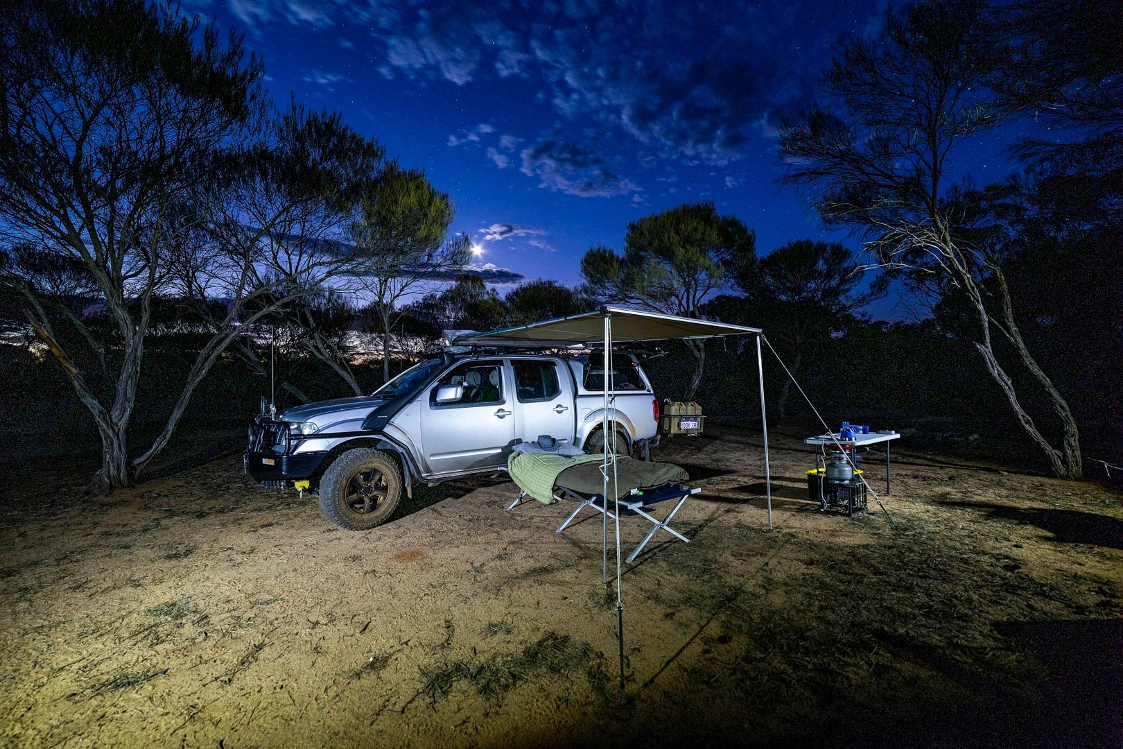 Camping at night at Eagle Rock, Western Australia.