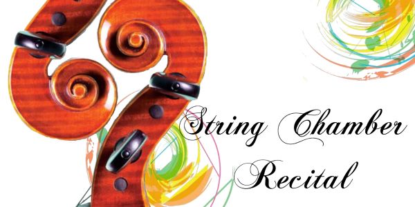 Artistic poster for a String Chamber Recital featuring a violin scroll.
