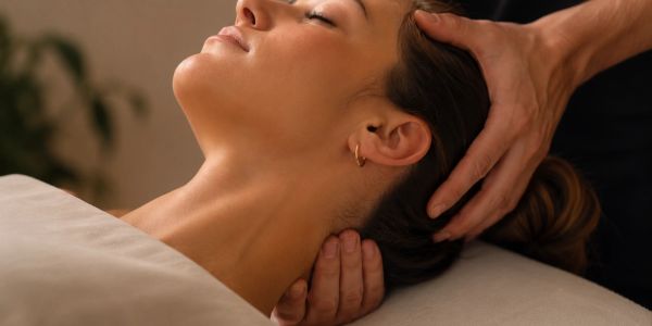 Woman receiving a relaxing head and neck massage.