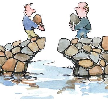 Two figures face off across a broken bridge. Each carries a stone to repair the divide.