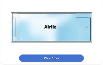 Rectangular pool labeled 'Airlie' with corner details and a 'View Sizes' button below.