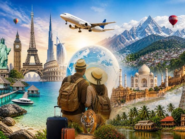 Couple planning world travel with famous landmarks and nature around.
