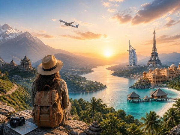 A traveler admires a surreal landscape merging famous landmarks at sunset.